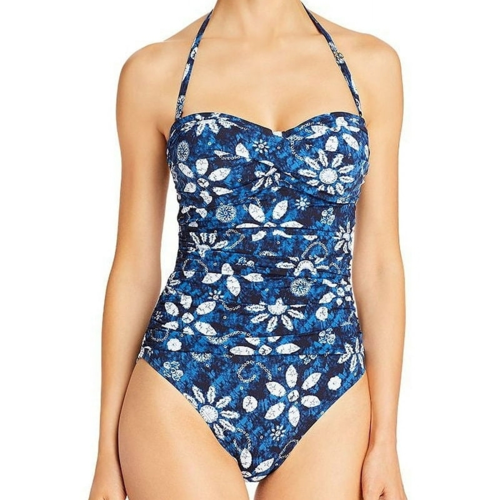 Bleu Rod Beattie navy blue floral bandeau swimsuit size 12 Excellent Condition